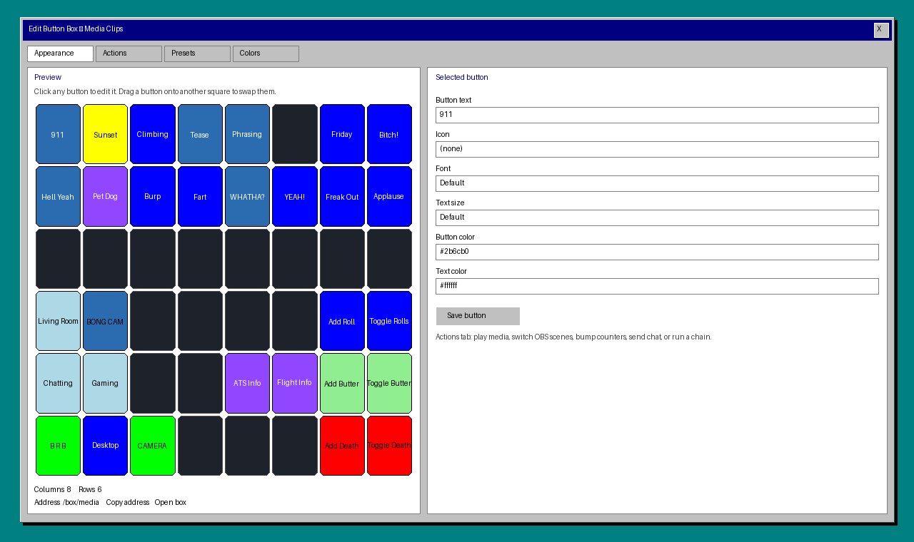 Edit Button Box window with the Media Clips pad preview