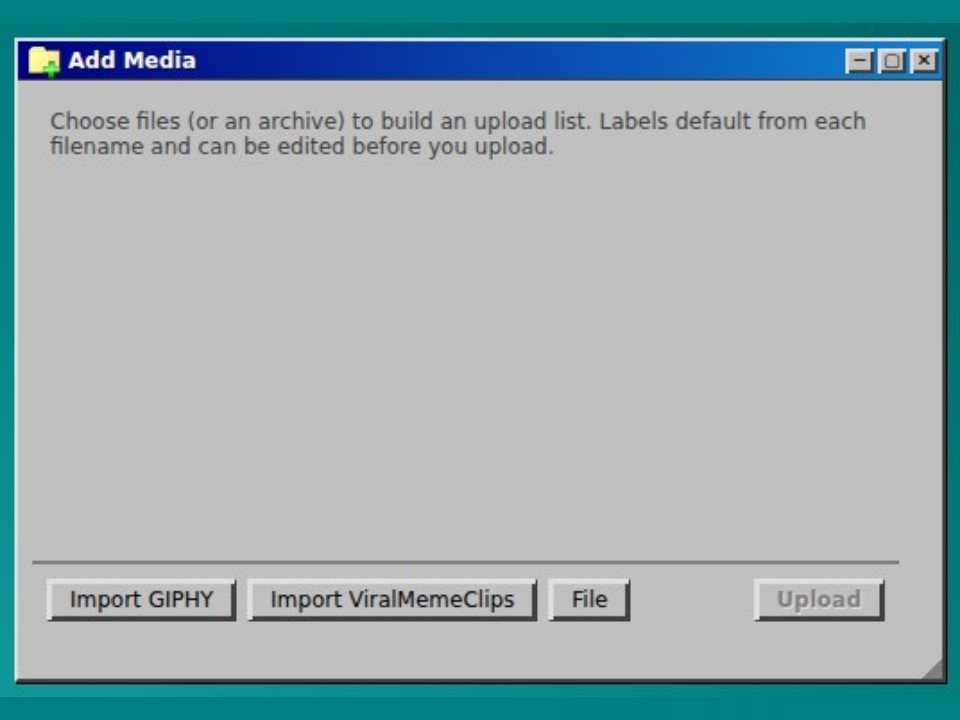Add Media window with GIPHY, ViralMemeClips, and Blerp import options
